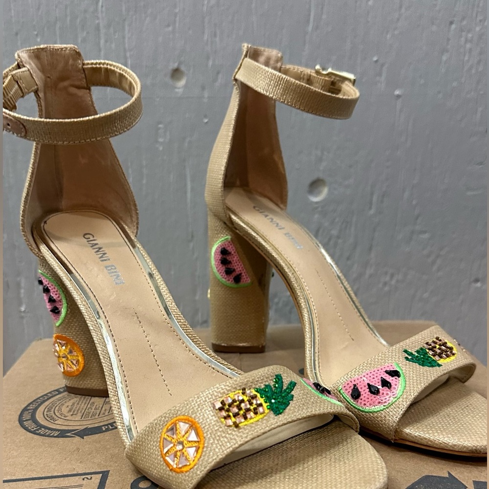 Beaded Fruit Block Heels